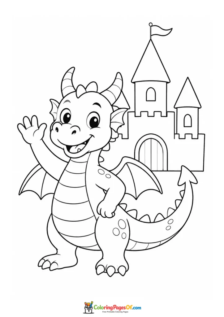 Cute Dragon Waving in Front of a Castle coloring page
