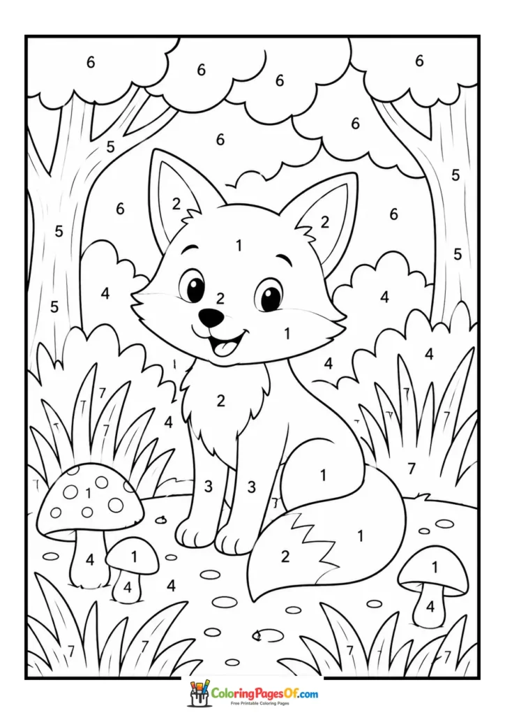 Cute Fox in Mushroom Forest color by number coloring page