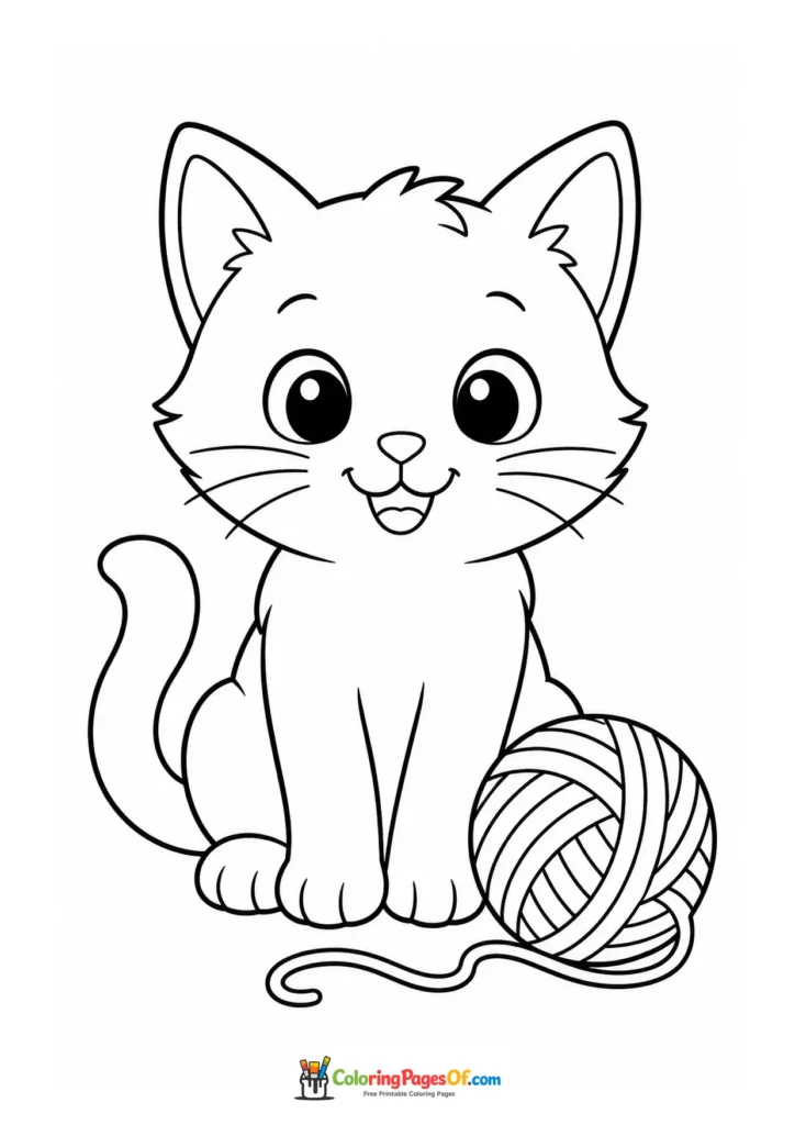 Cute kitten with a ball of yarn – printable black and white coloring page