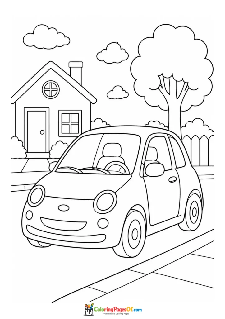 Black and white cute little car by a house coloring page