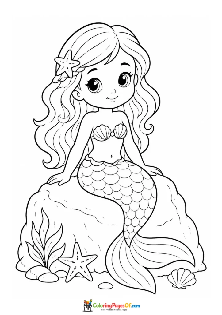 Cute Little Mermaid Sitting on a Rock coloring page