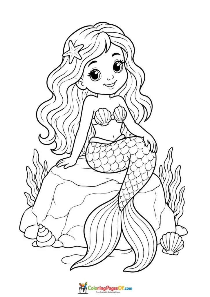 Cute Mermaid Sitting on an Underwater Rock coloring page