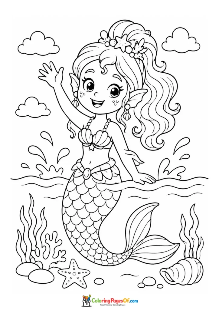 Cute Mermaid Waving from the Ocean coloring page