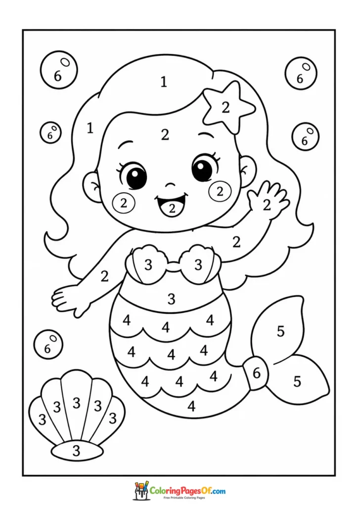 Cute Mermaid with a Seashell – Color by Number coloring page