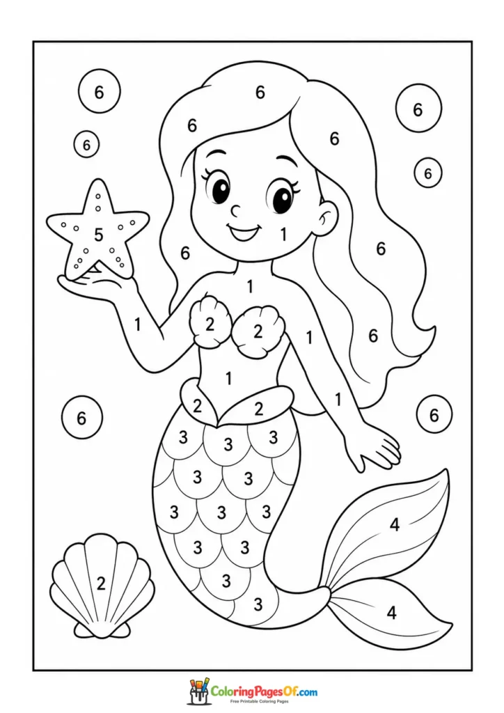 Cute Mermaid with a Starfish – Color by Number coloring page