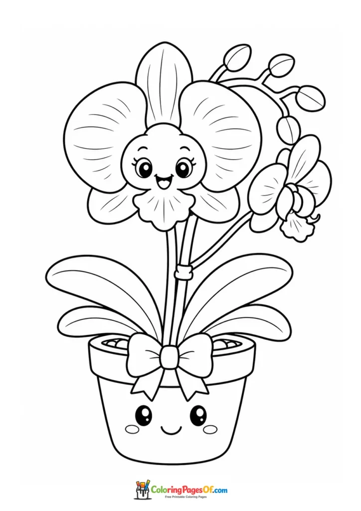 Cute smiling orchid and plant pot decorated with a bow coloring page
