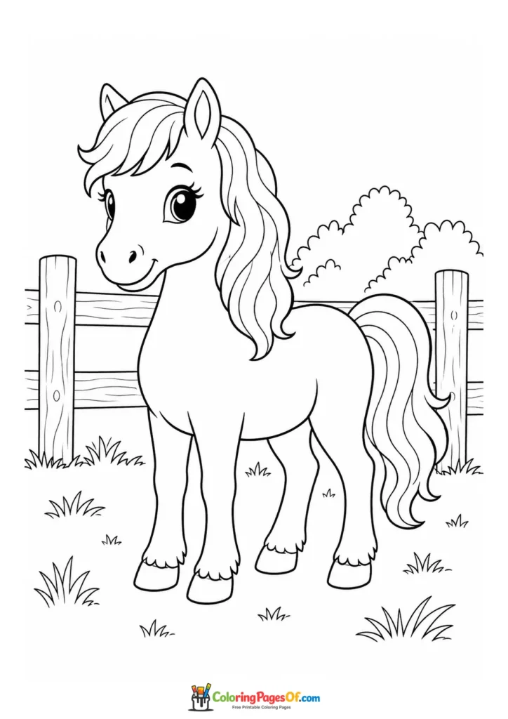Cute pony by a fence coloring page