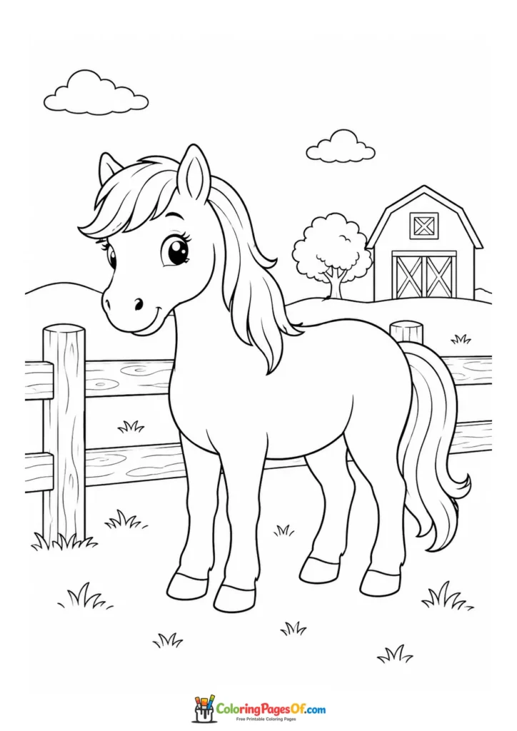 Cute pony on a farm coloring page