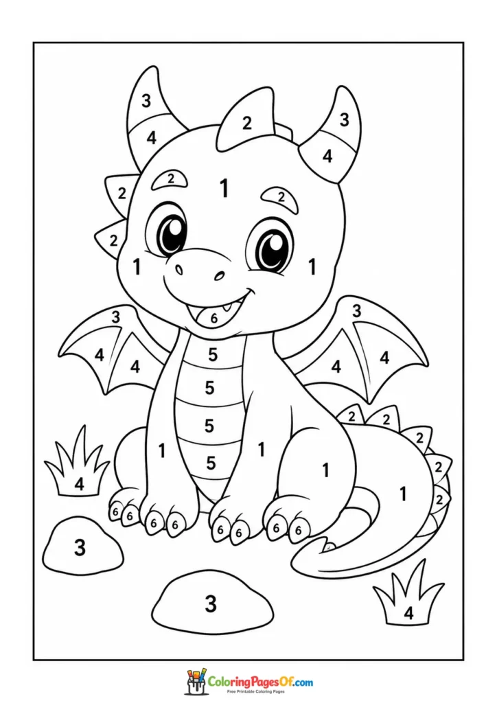 Cute Sitting Dragon Color by Number with clear numbered coloring areas for kids