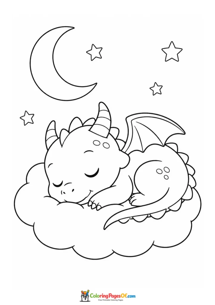 Cute Sleeping Dragon on a Cloud at Night coloring page