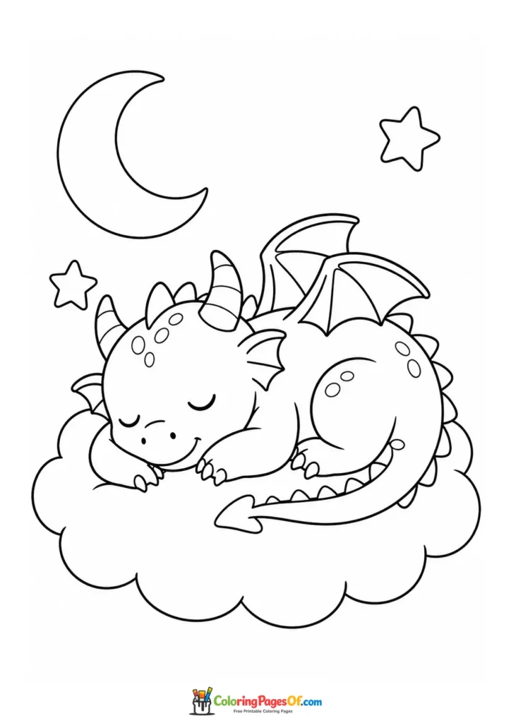 Cute Sleeping Dragon on a Moonlit Cloud coloring page