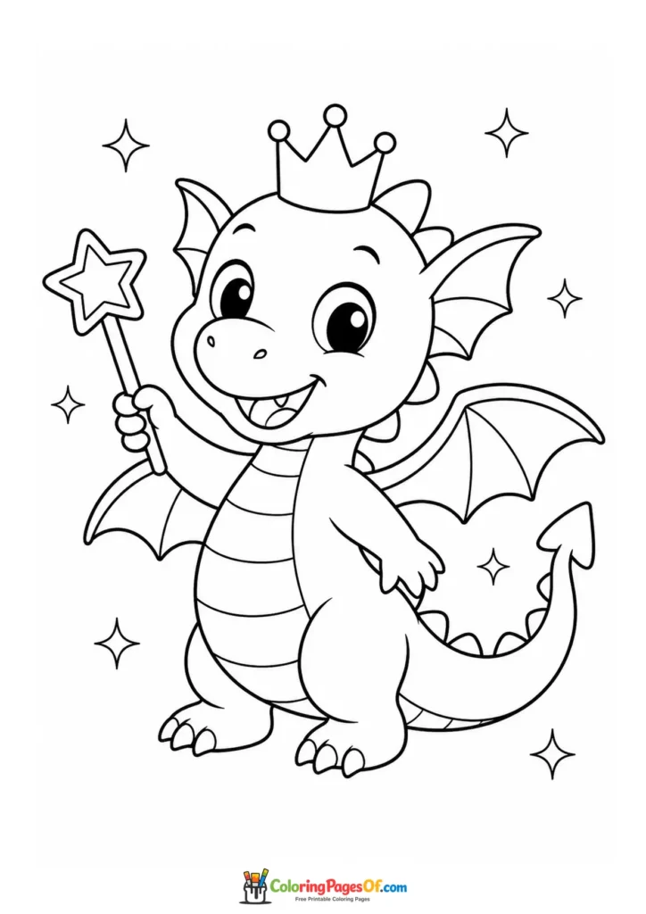 Cute Wizard Dragon with a Crown and Magic Wand coloring page