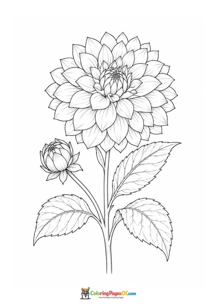 Large layered dahlia bloom with a round bud and serrated leaves coloring page