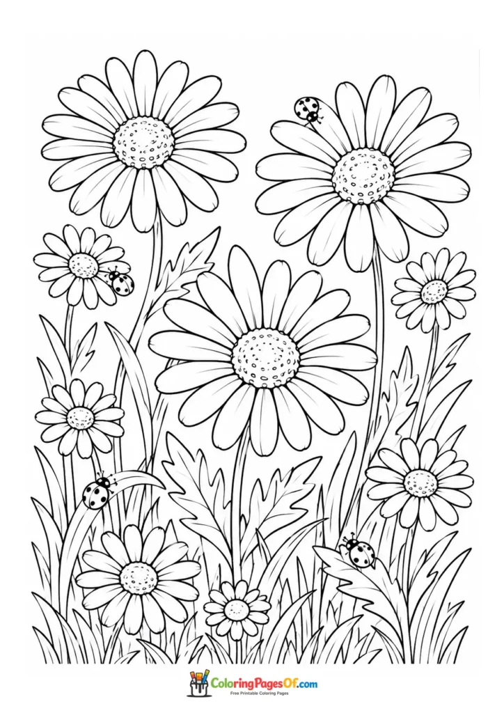 Garden of daisies with several small ladybugs coloring page