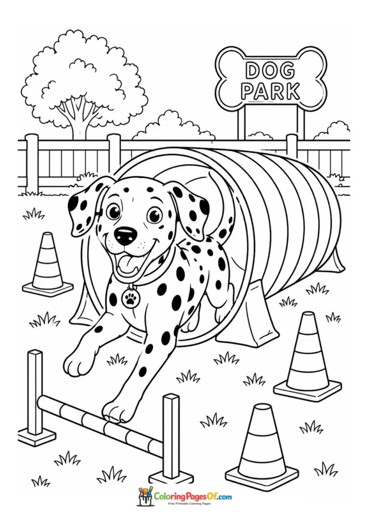 Dalmatian on an agility course coloring page