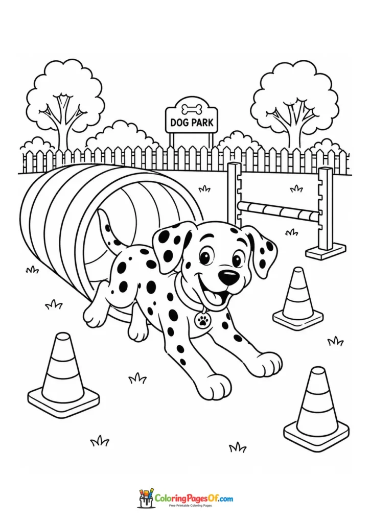 Dalmatian running out of an agility tunnel coloring page