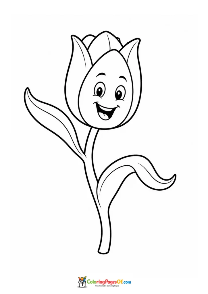 Funny smiling tulip with curved dancing leaves coloring page