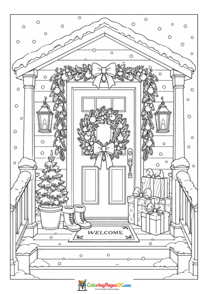 Weihnachten Ausmalbild: Geschmückte Weihnachtsveranda