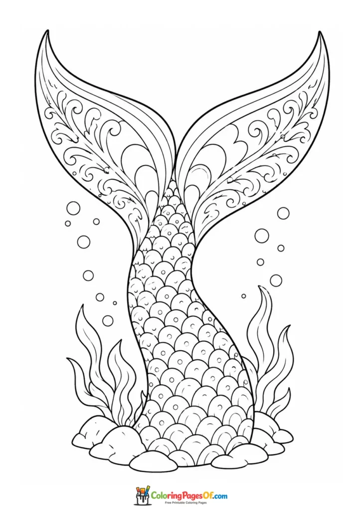 Decorative Mermaid Tail Rising from Seaweed coloring page
