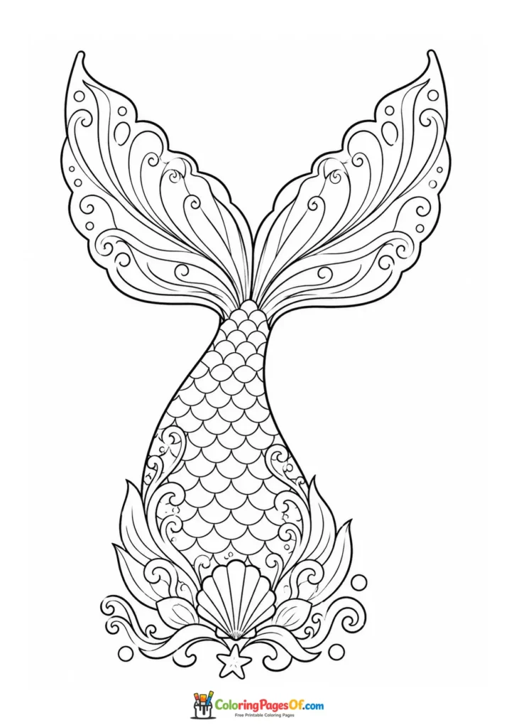 Decorative Mermaid Tail with Shell and Starfish coloring page