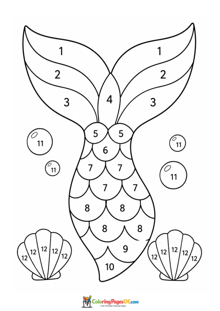 Decorative Mermaid Tail with Shells – Color by Number coloring page