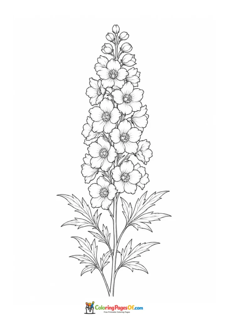 Tall delphinium flower spike with many blossoms and deeply divided leaves coloring page
