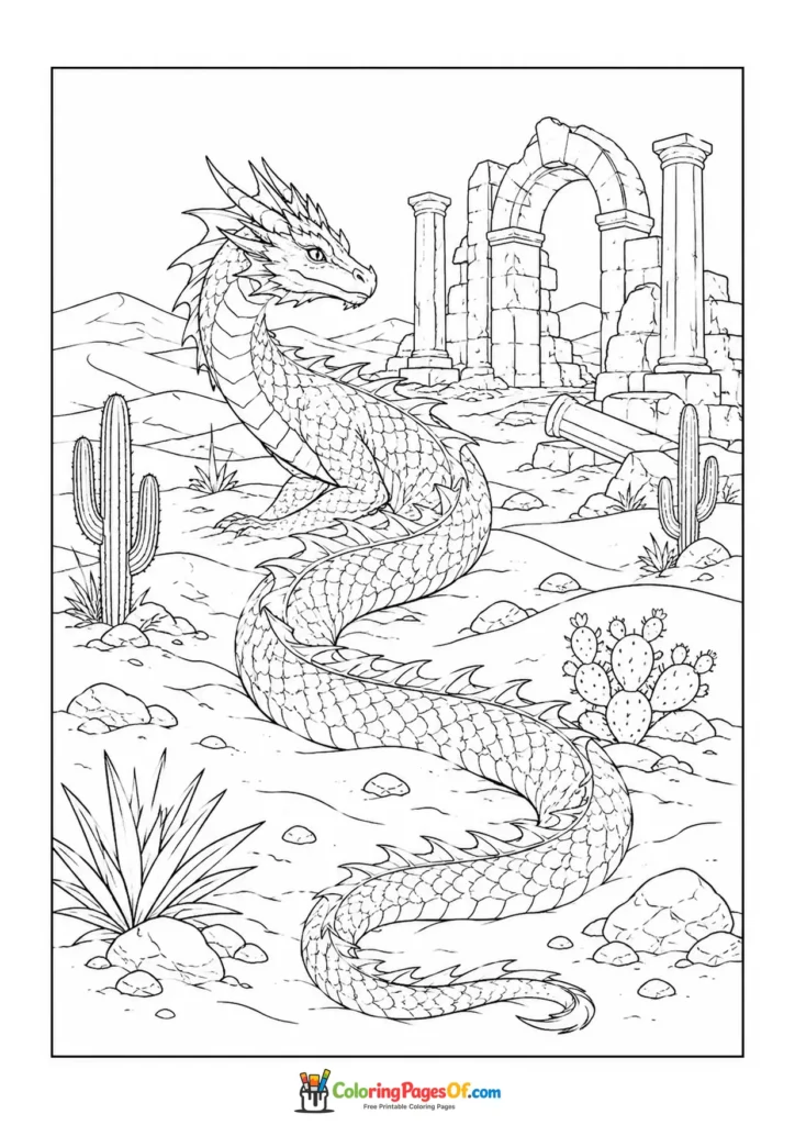 Desert Dragon Among Ancient Ruins coloring page