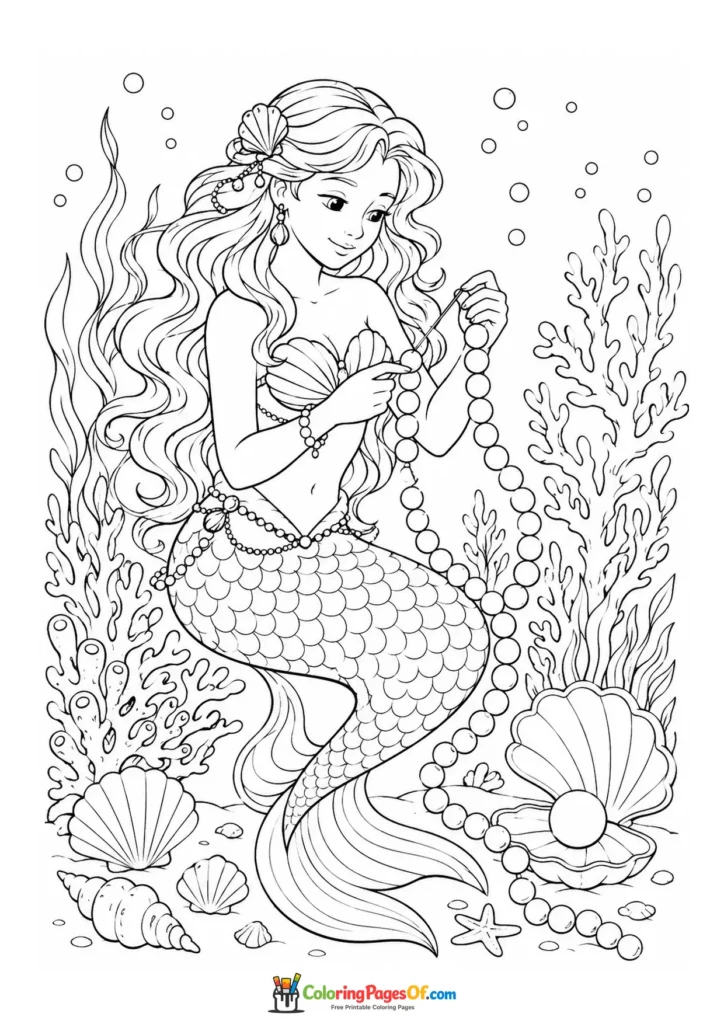 Detailed Mermaid Wearing Pearl Jewelry coloring page