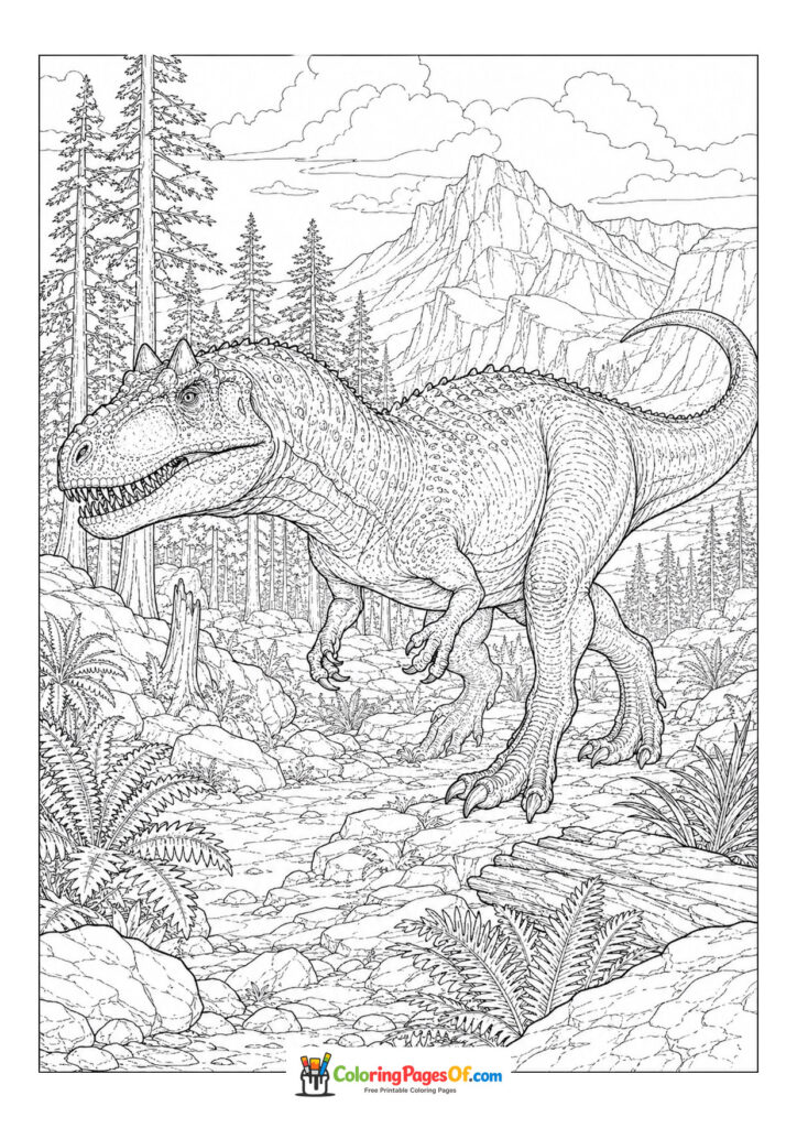 Allosaurus in einer Waldlandschaft – Ausmalbild – kostenlose Malvorlage zum Ausdrucken