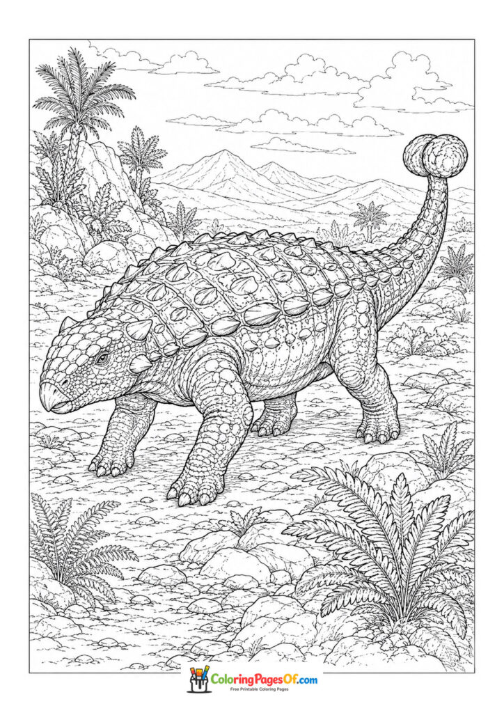 Ankylosaurus mit Keulenschwanz – Ausmalbild – kostenlose Malvorlage zum Ausdrucken