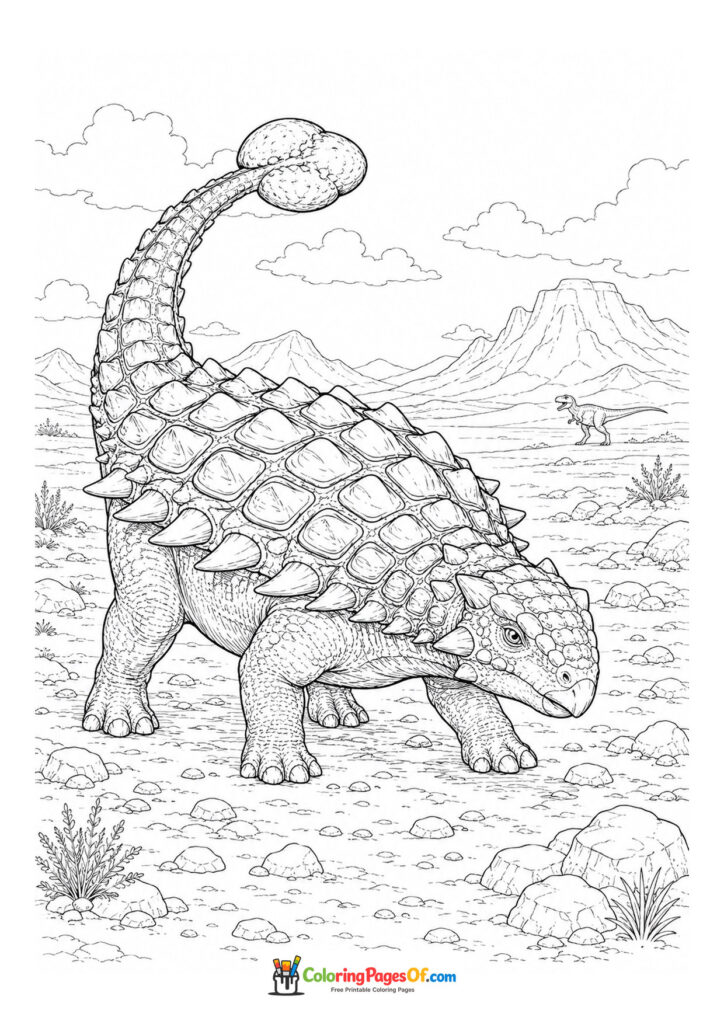 Ankylosaurus auf einer Urzeitebene – Ausmalbild – kostenlose Malvorlage zum Ausdrucken