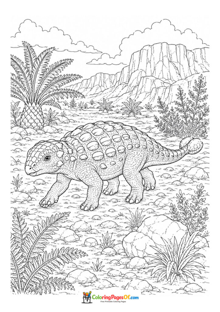 Ankylosaurus in einer Felsenlandschaft – Ausmalbild – kostenlose Malvorlage zum Ausdrucken
