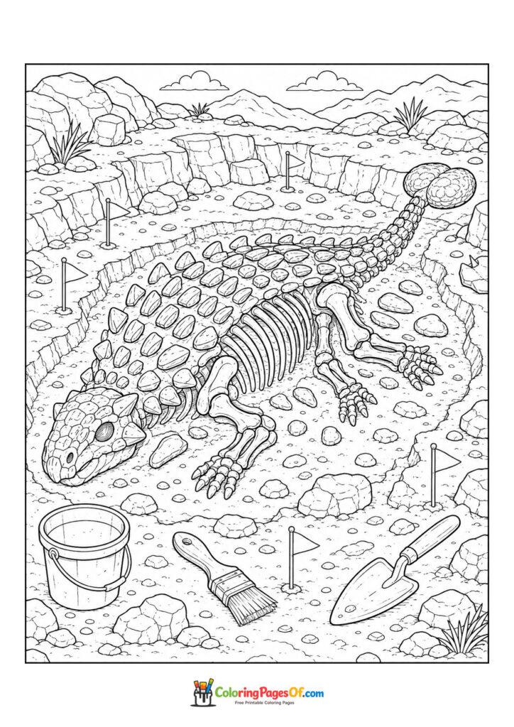 Ankylosaurus-Skelett bei einer Ausgrabung – Ausmalbild – kostenlose Malvorlage zum Ausdrucken