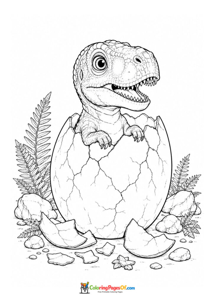 Baby-Dinosaurier schlüpft aus einem Ei – Ausmalbild – kostenlose Malvorlage zum Ausdrucken