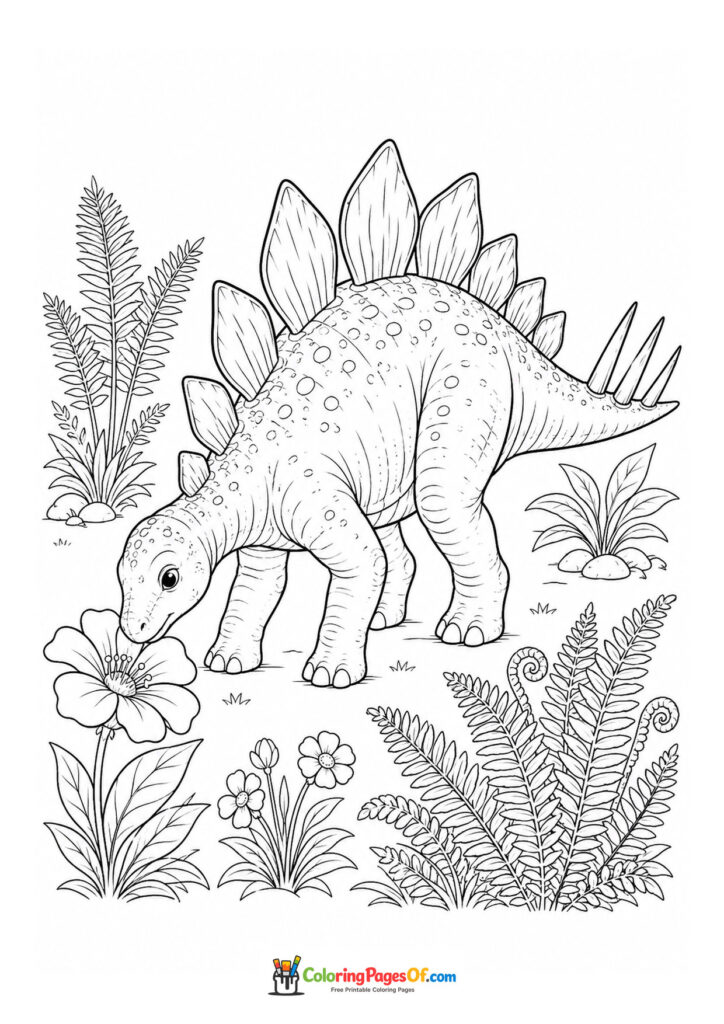 Baby-Stegosaurus schnuppert an einer Blume – Ausmalbild – kostenlose Malvorlage zum Ausdrucken