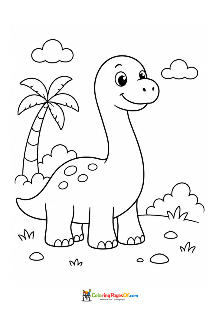 Süßer Langhals-Dinosaurier bei einer Palme – Ausmalbild – kostenlose Malvorlage zum Ausdrucken