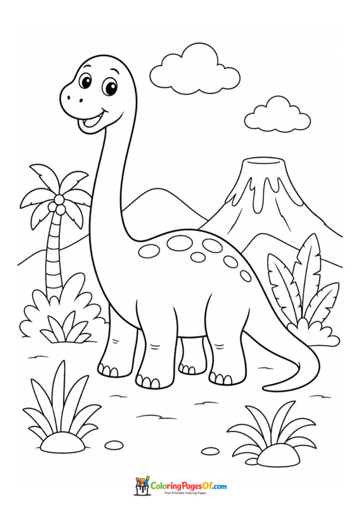 Süßer Langhals-Dinosaurier in einer Vulkanlandschaft – Ausmalbild – kostenlose Malvorlage zum Ausdrucken