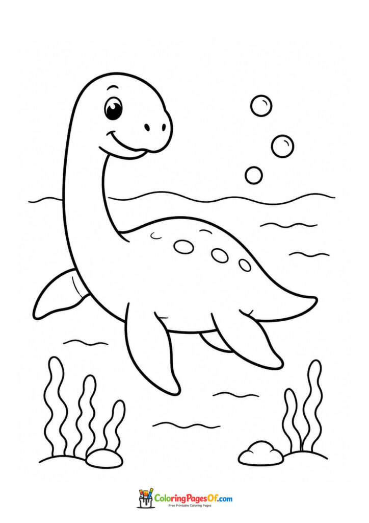 Süßer Plesiosaurus unter Wasser – Ausmalbild – kostenlose Malvorlage zum Ausdrucken