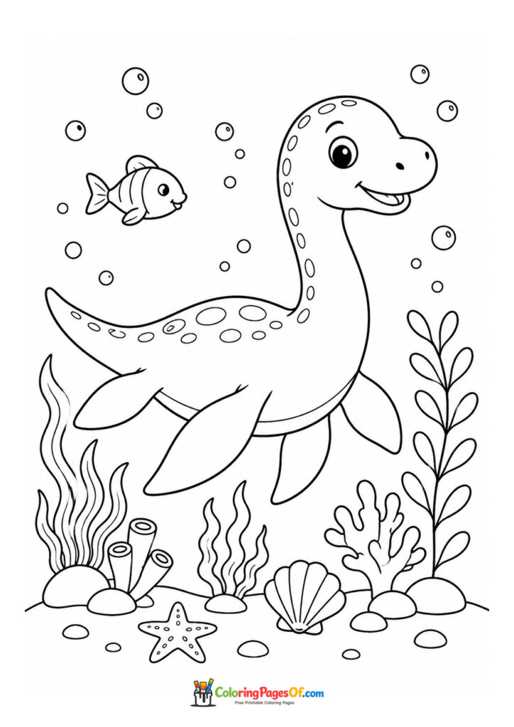 Süßer Plesiosaurus in einer Unterwasserwelt – Ausmalbild – kostenlose Malvorlage zum Ausdrucken