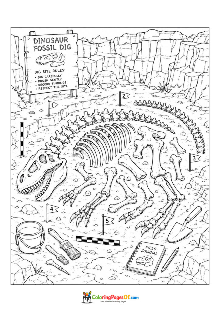 Dinosaurier-Fossilien an einer Ausgrabungsstätte – Ausmalbild – kostenlose Malvorlage zum Ausdrucken