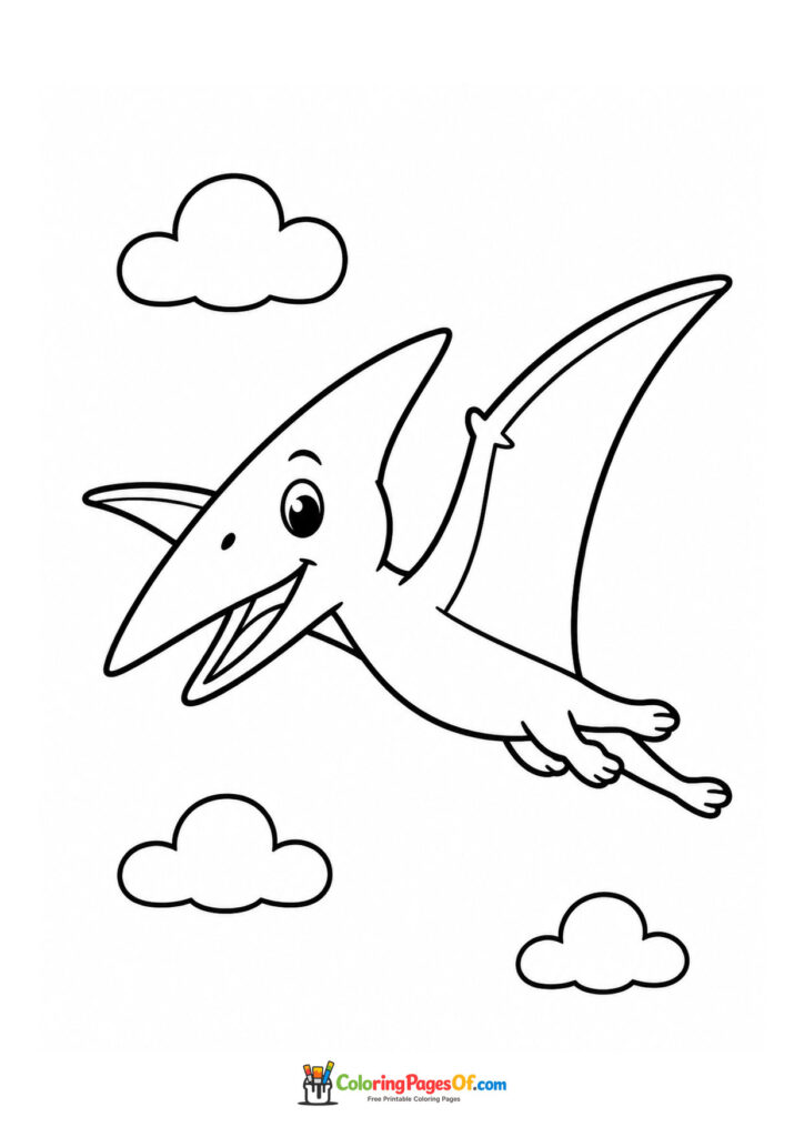 Fröhlicher Flugsaurier zwischen Wolken – Ausmalbild – kostenlose Malvorlage zum Ausdrucken