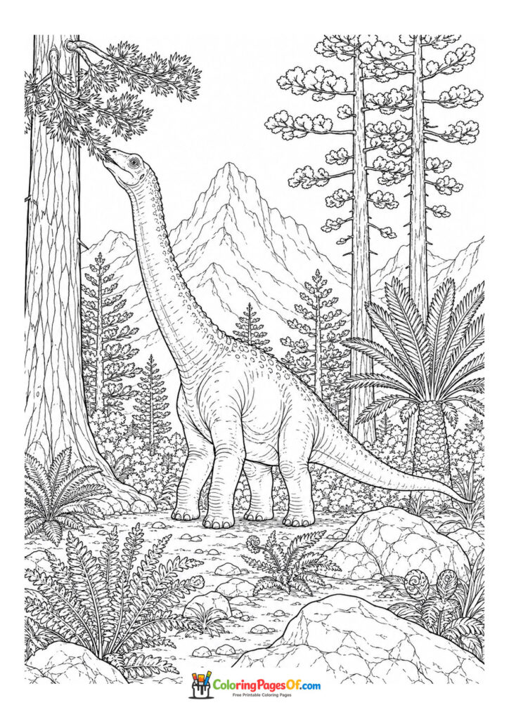 Langhals-Dinosaurier im Urzeitwald – Ausmalbild – kostenlose Malvorlage zum Ausdrucken