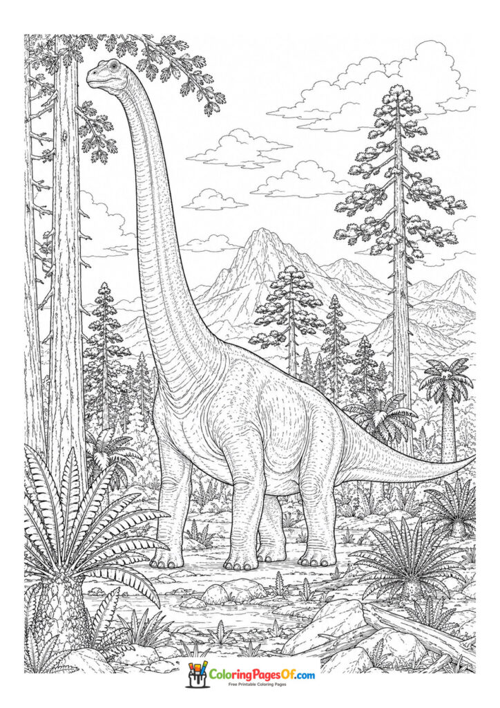 Langhals-Dinosaurier im Bergwald – Ausmalbild – kostenlose Malvorlage zum Ausdrucken