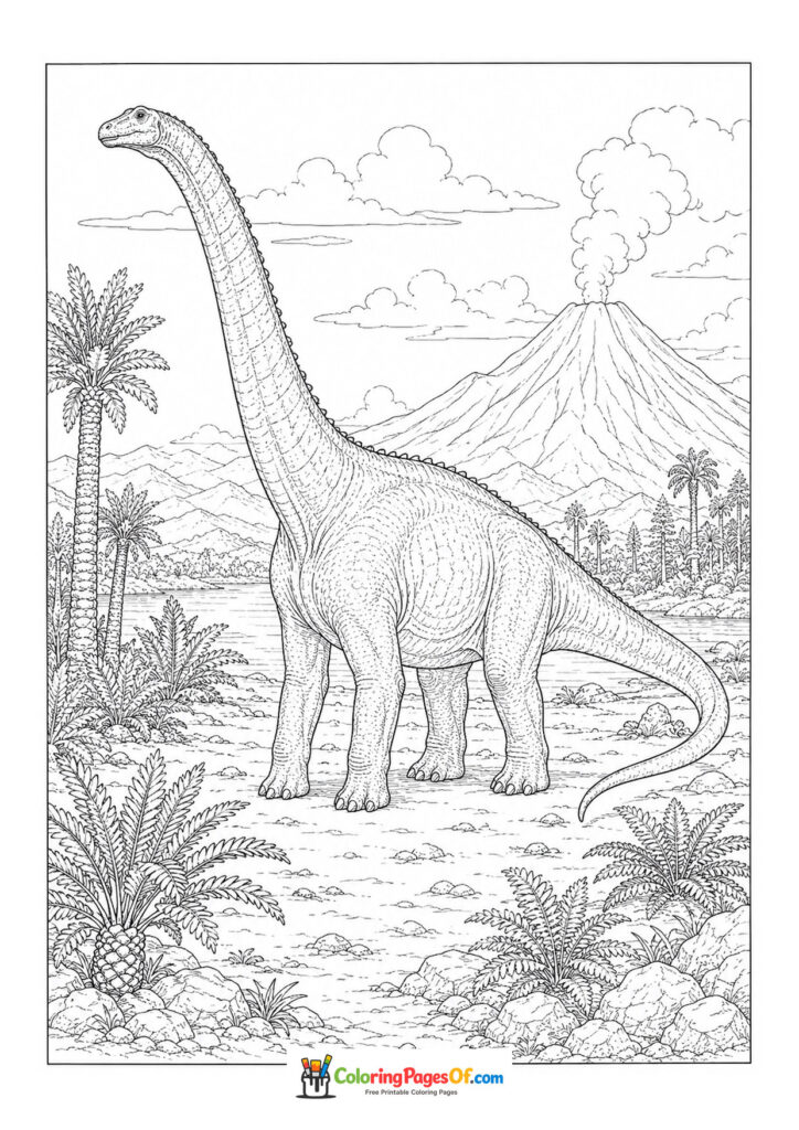 Langhals-Dinosaurier nahe einem Vulkan – Ausmalbild – kostenlose Malvorlage zum Ausdrucken