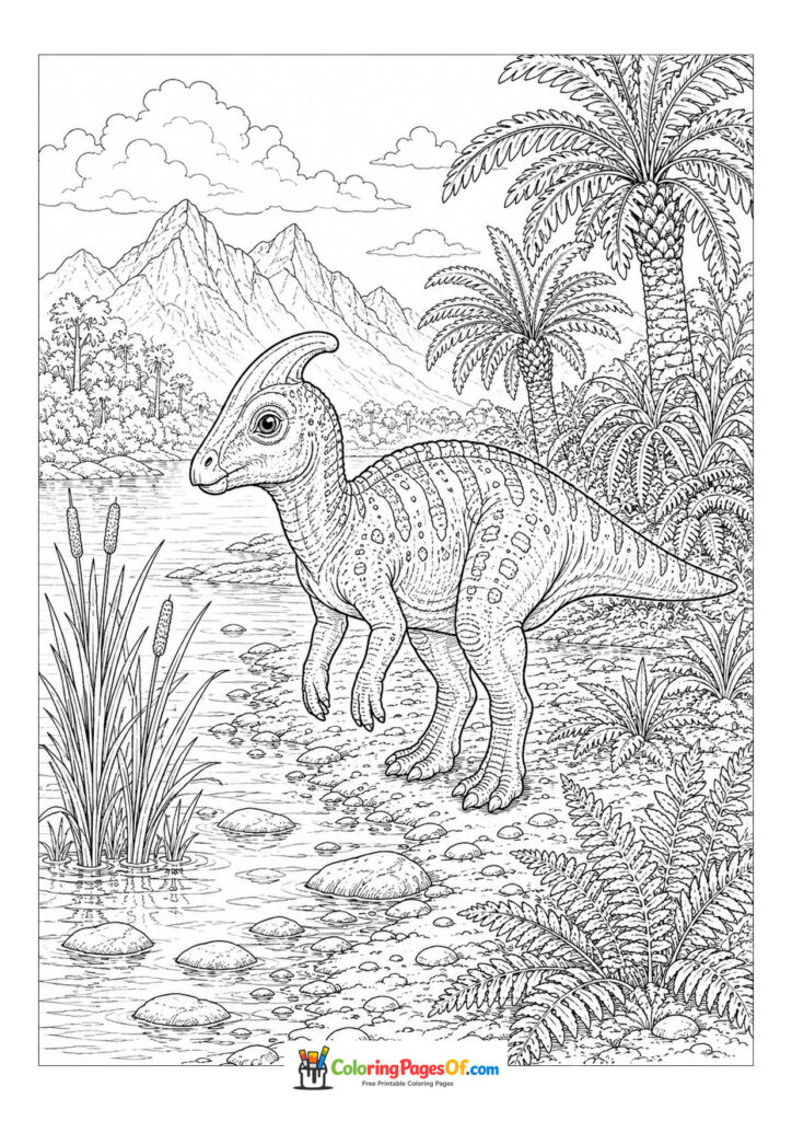 Parasaurolophus am Fluss – Ausmalbild – kostenlose Malvorlage zum Ausdrucken
