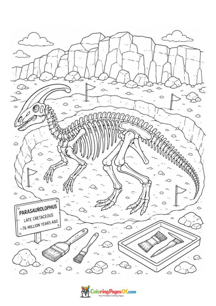 Parasaurolophus-Skelett bei einer Ausgrabung – Ausmalbild – kostenlose Malvorlage zum Ausdrucken