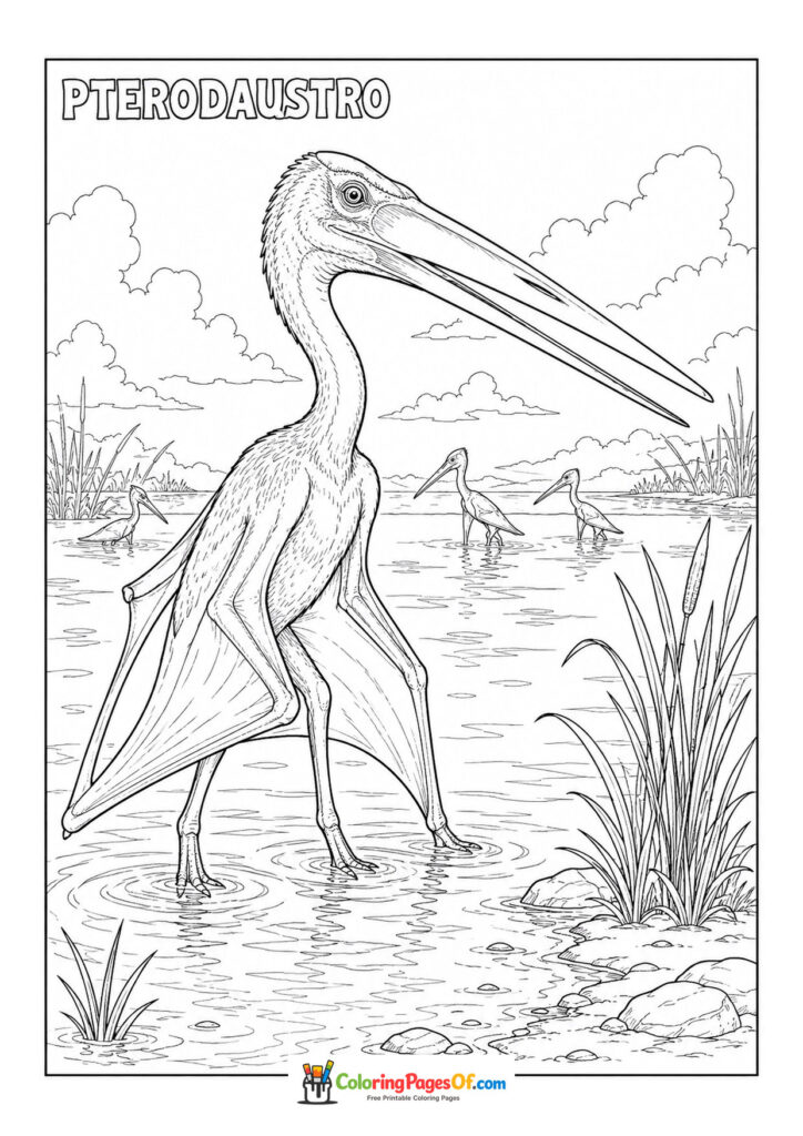 Pterodaustro im flachen Wasser – Ausmalbild – kostenlose Malvorlage zum Ausdrucken