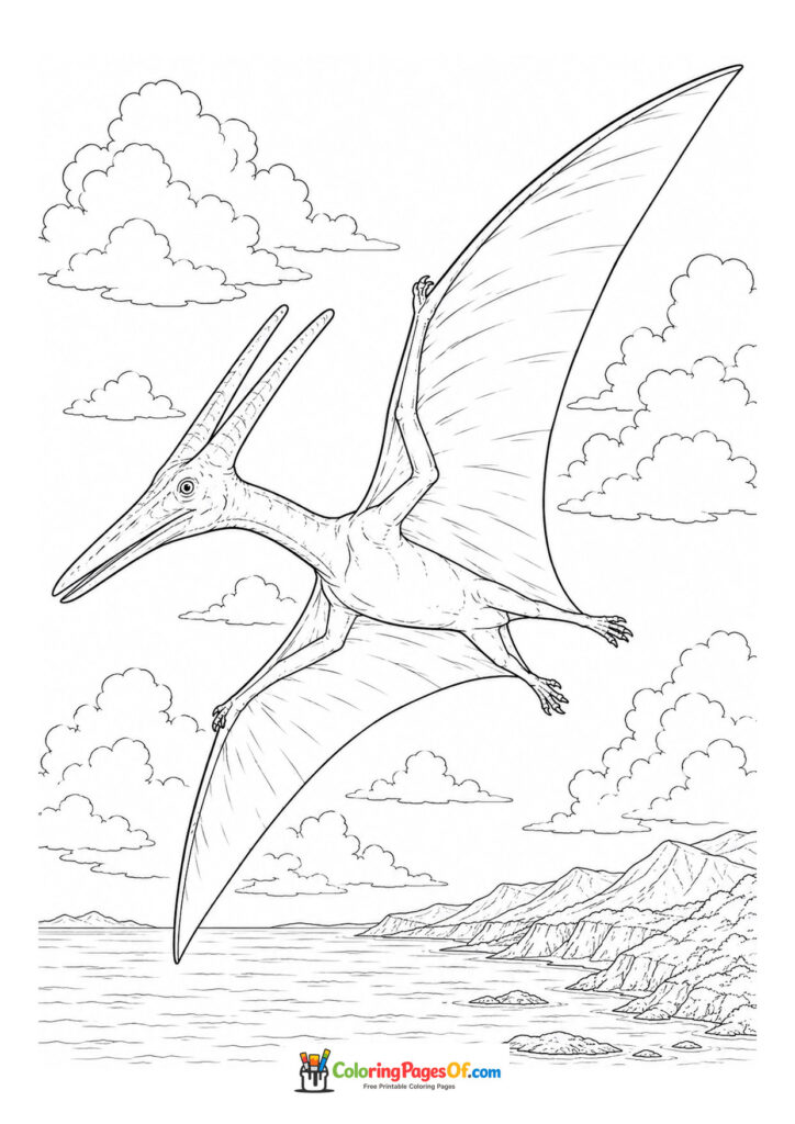 Long-beaked pterosaur flying above the sea