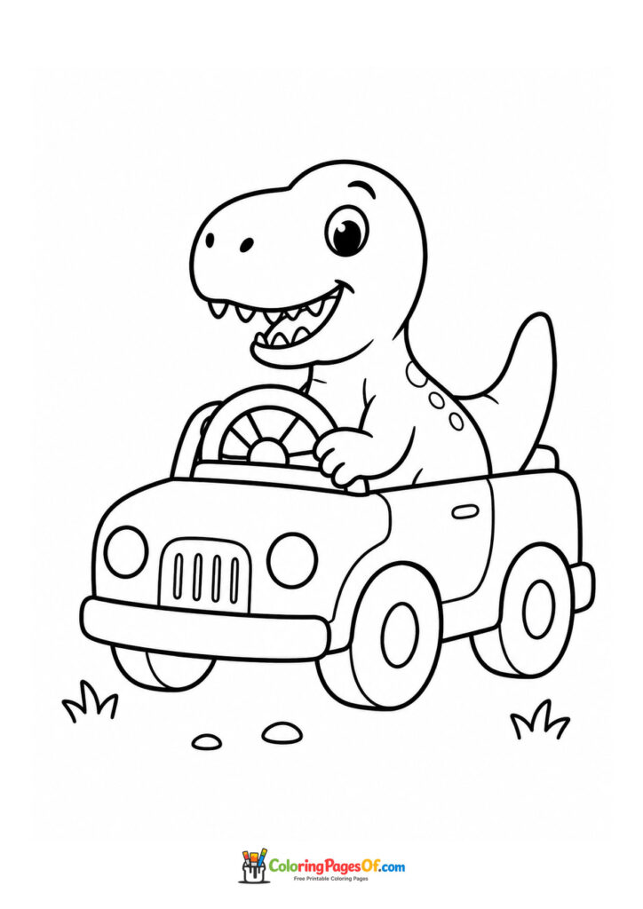 Lächelnder Dinosaurier fährt Auto – Ausmalbild – kostenlose Malvorlage zum Ausdrucken