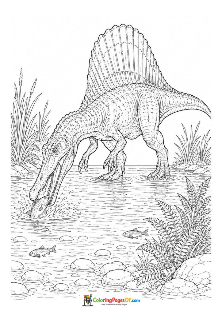 Spinosaurus trinkt am Fluss – Ausmalbild – kostenlose Malvorlage zum Ausdrucken